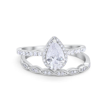 Teardrop Wedding Piece Ring Pear Round Simulated CZ 925 Sterling Silver